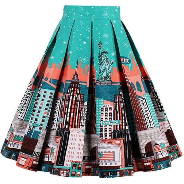    Women's Vintage A-line Printed Pleated Flared M...